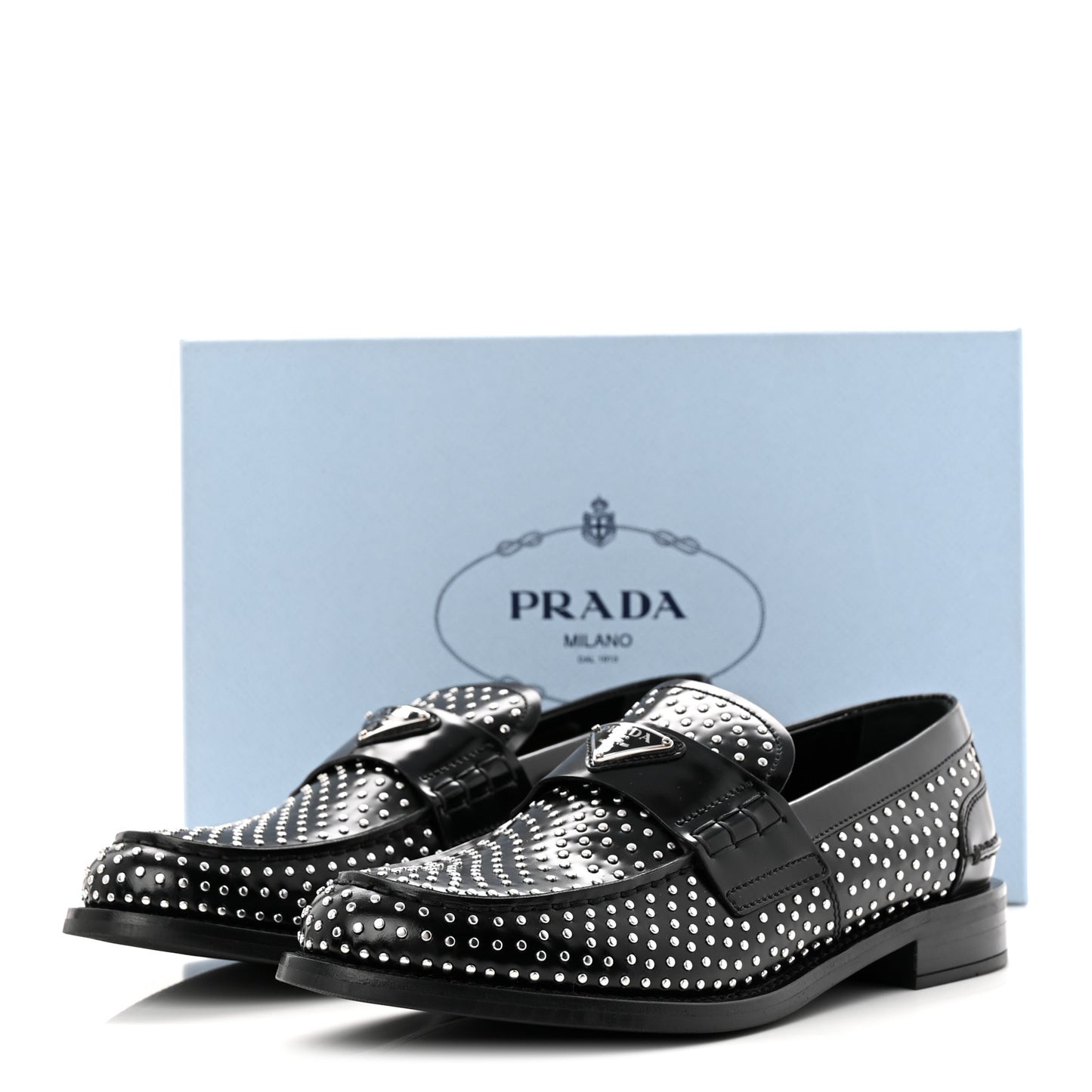 Spazzolato Studded Metal Triangle Logo 20mm Loafers 39 Black