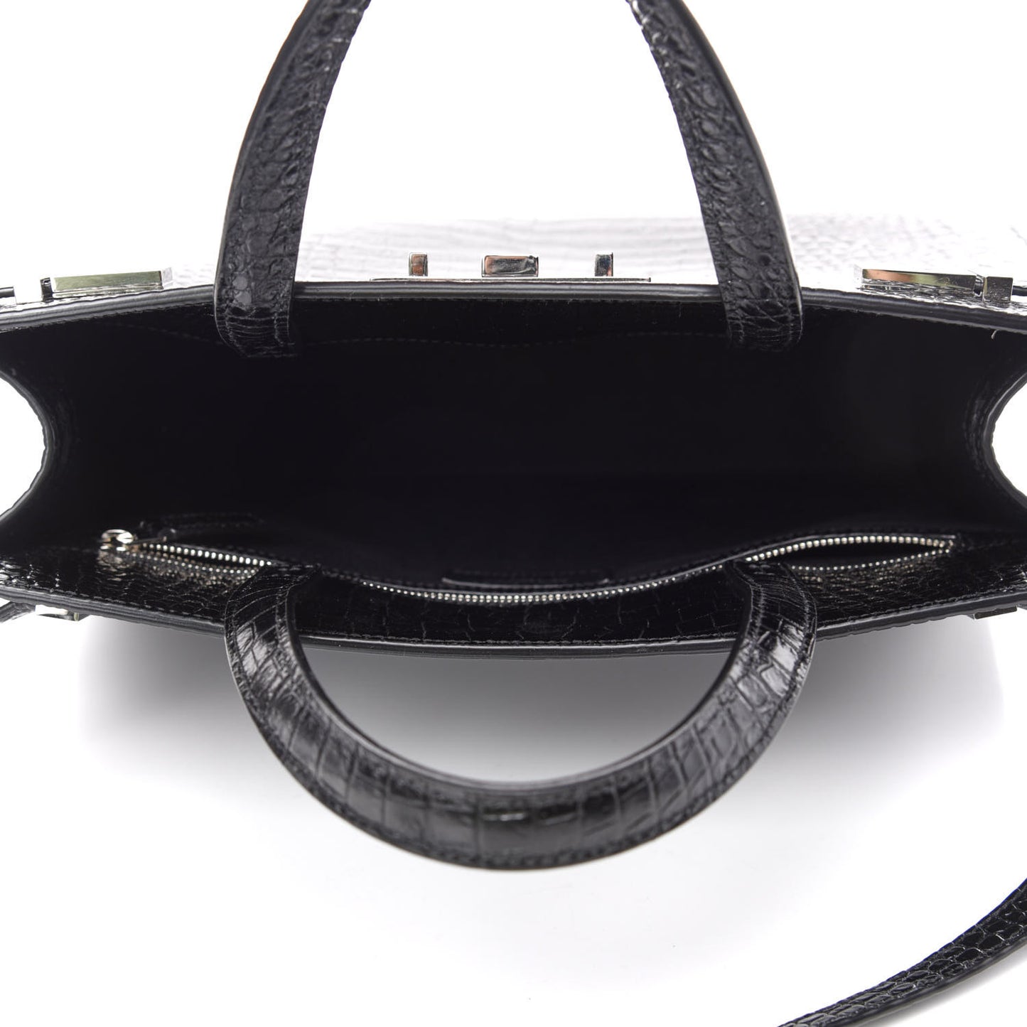 Shiny Calfskin Crocodile Embossed Small Manhattan Shopper Tote Black