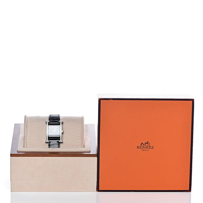 Hermes Stainless Steel Alligator Diamond Lacquer 21mm Heure H Hour Double Jeu Quartz Watch Noir 10 of 10