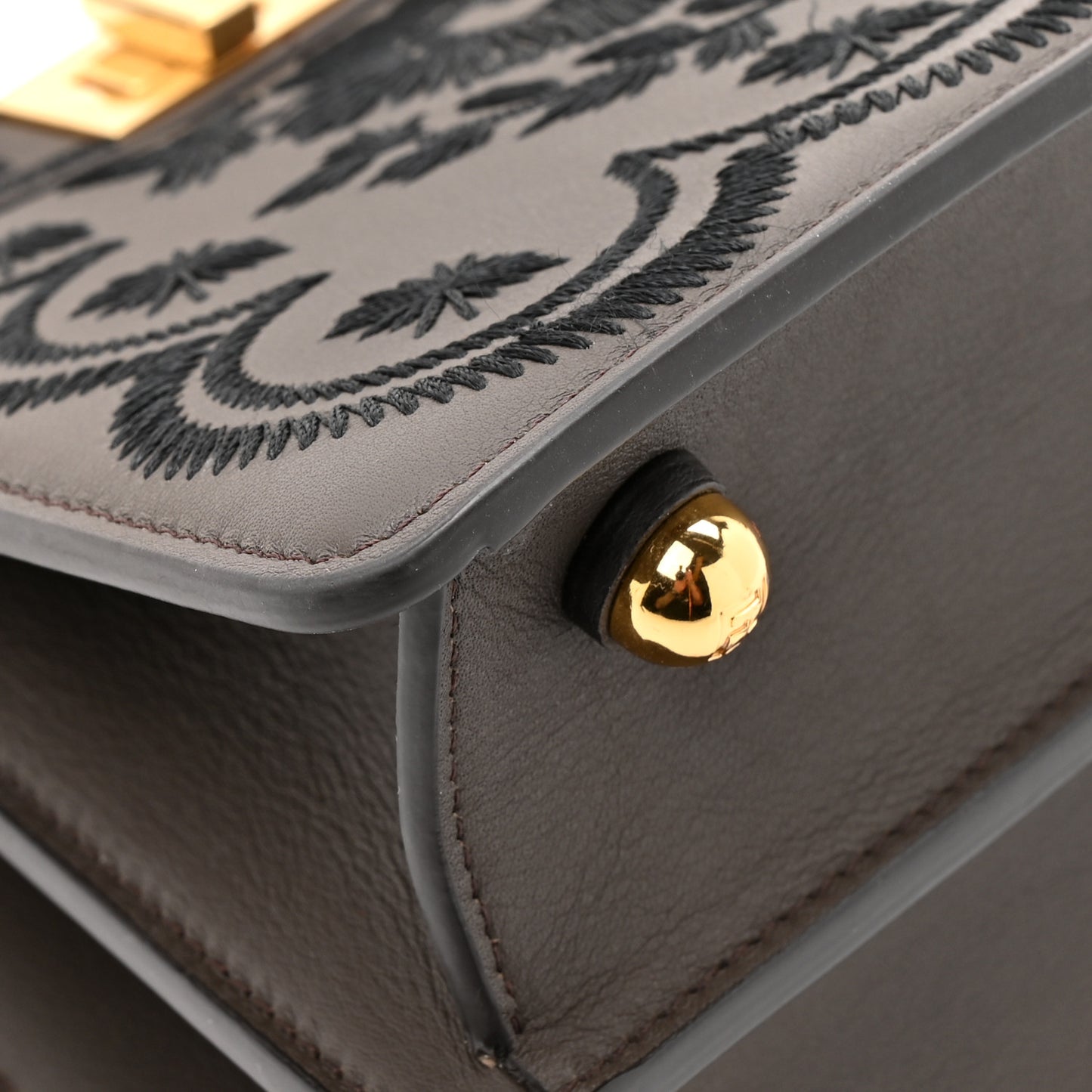 Vitello Seta Shiny Nappa Floral Embroidered Petite Peekaboo I SEE U Satchel Carbone Black