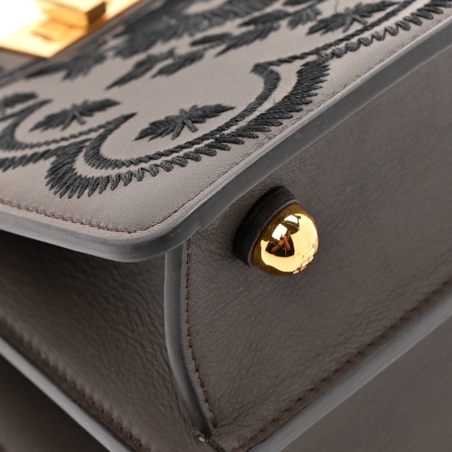 Fendi Vitello Seta Shiny Nappa Floral Embroidered Petite Peekaboo I SEE U Satchel Carbone Black 13 of 14