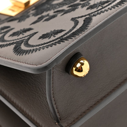 Fendi Vitello Seta Shiny Nappa Floral Embroidered Petite Peekaboo I SEE U Satchel Carbone Black 13 of 14