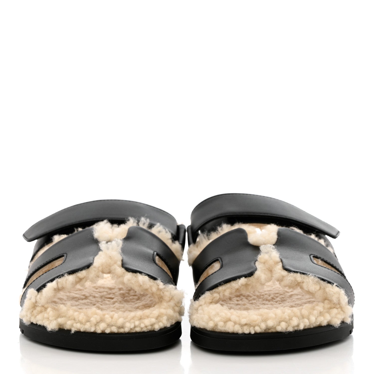 Hermes Calfskin Woolskin Womens Chypre Sandals 36 Black Ecru 2 of 11
