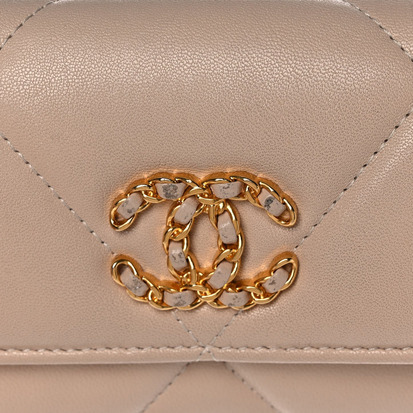 Shiny Goatskin Quilted Chanel 19 Flap Wallet Beige