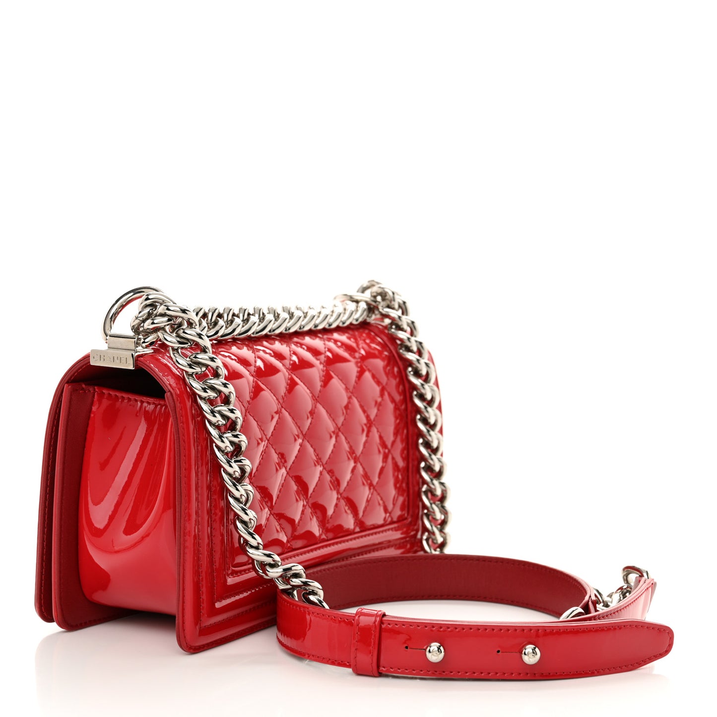 Patent Calfskin Quilted Small Plexiglass Boy Flap Red