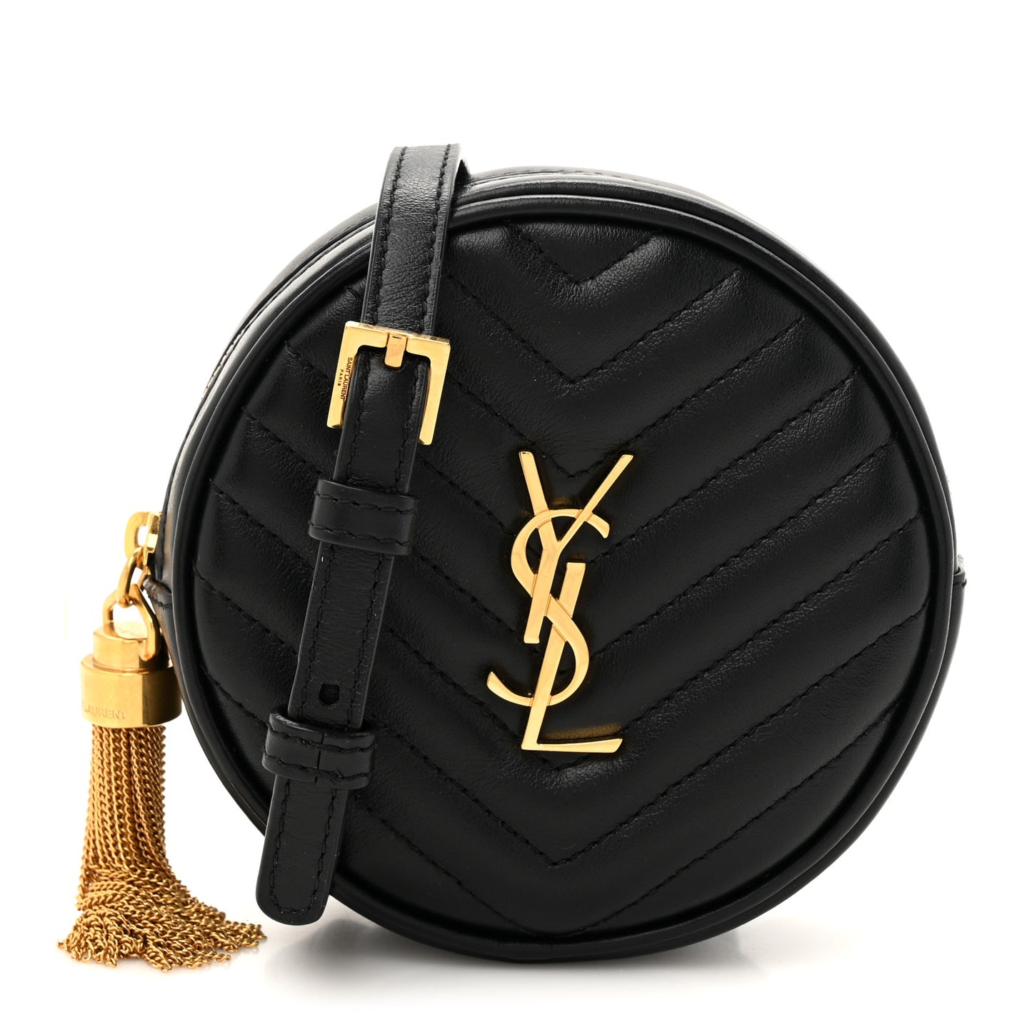 Calfskin Matelasse Chevron Quilted Baby Round Vinyle Belt Bag Black