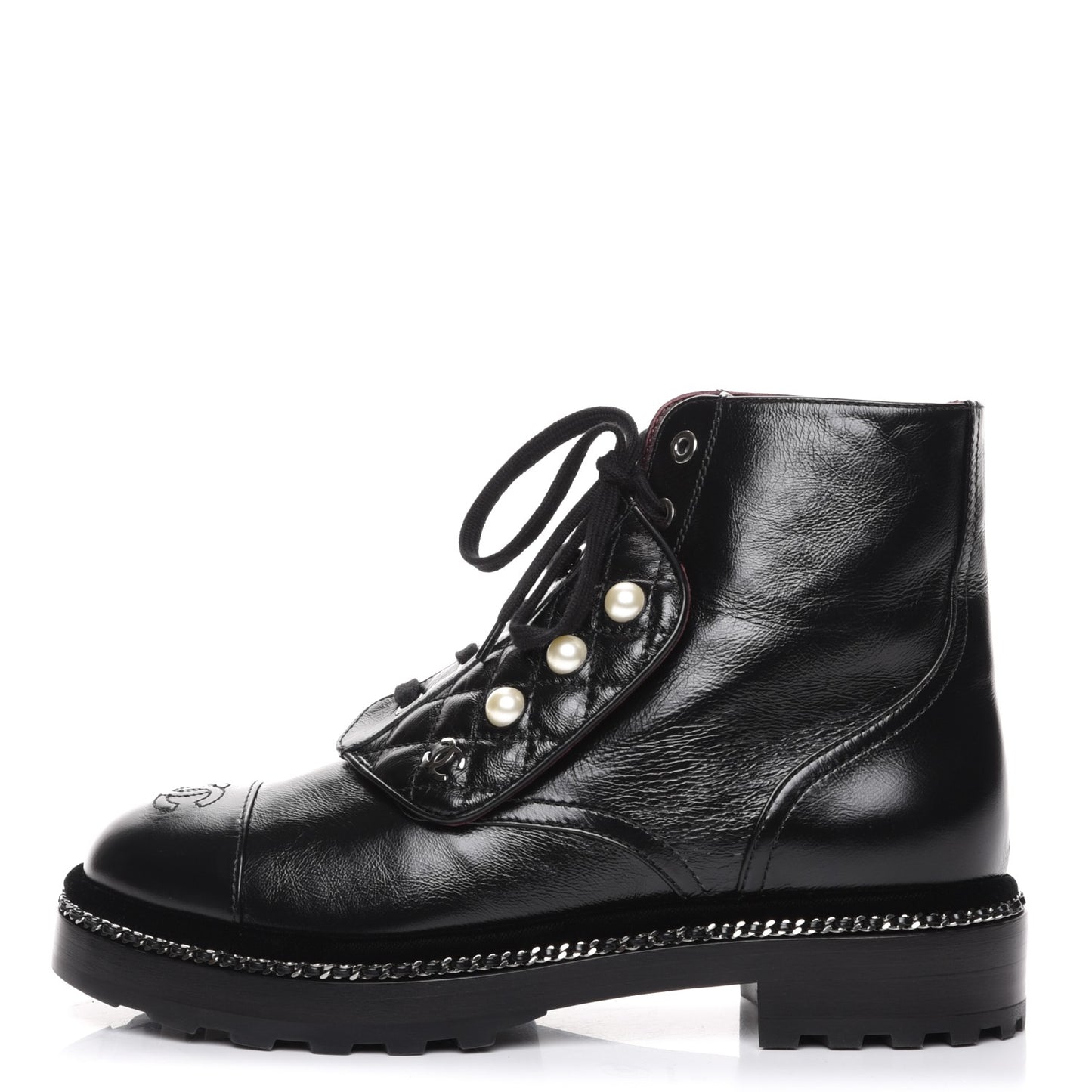 Crinkled Calfskin Pearl Combat Short Boots 38 Black
