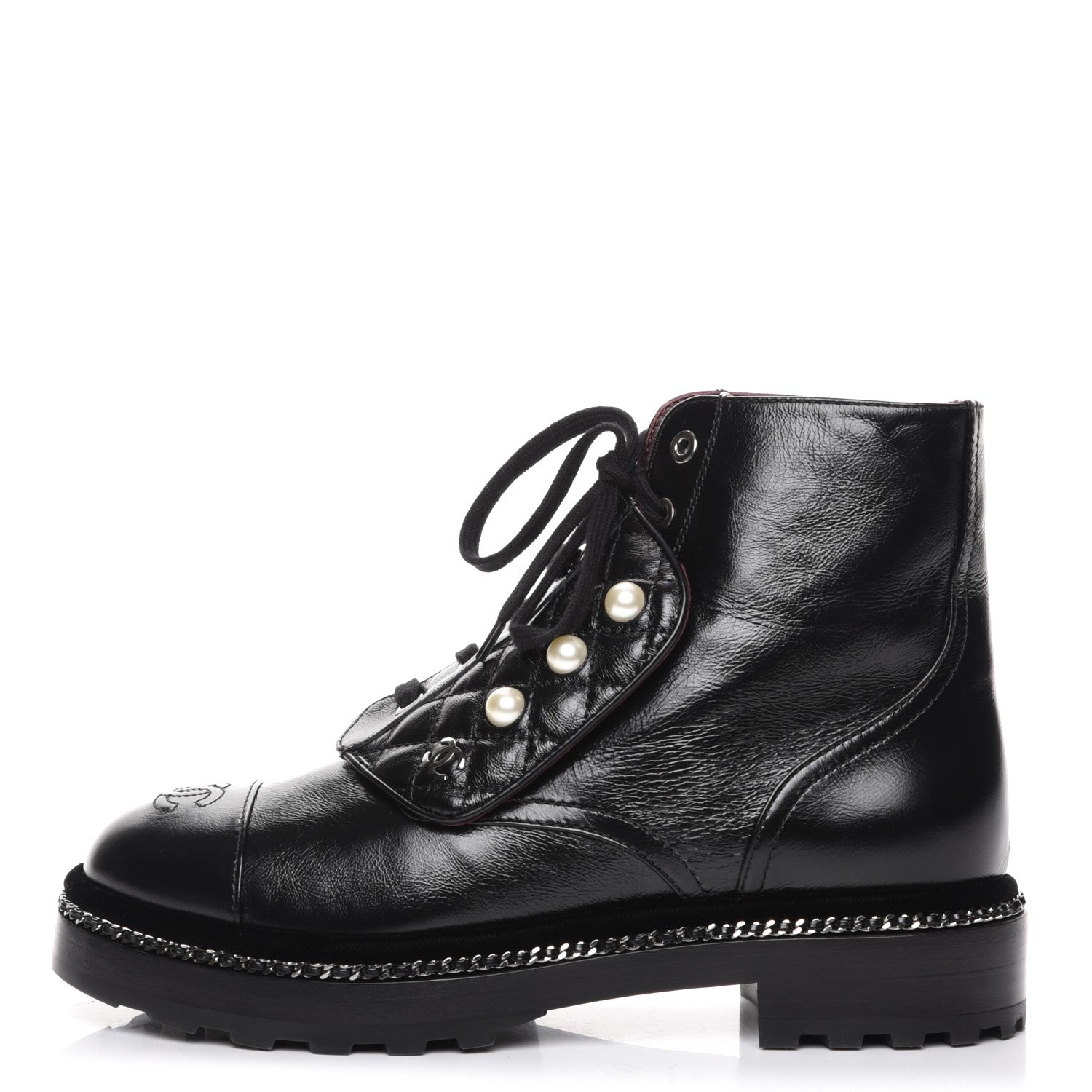 Chanel Crinkled Calfskin Pearl Combat Short Boots 38 Black 1 of 9