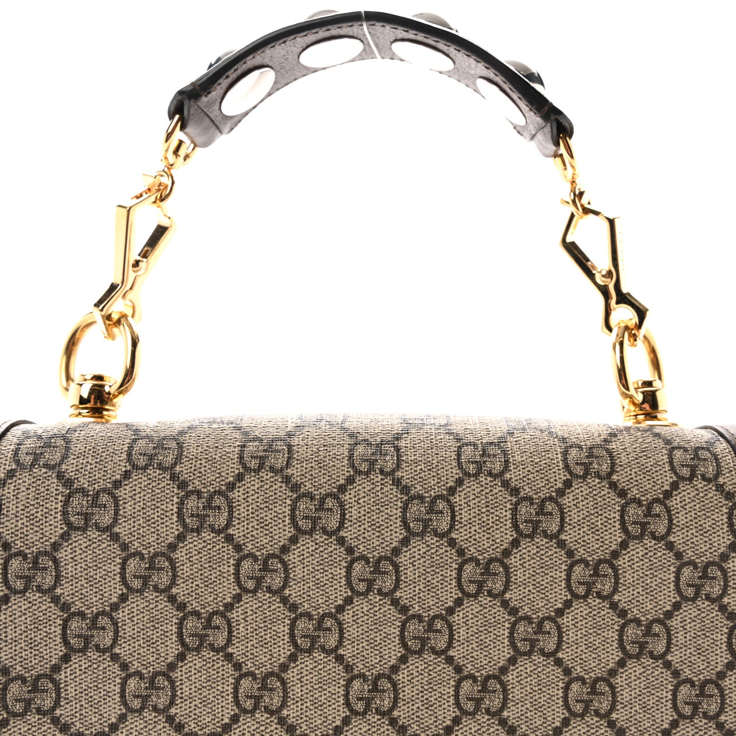Gucci GG Supreme Monogram Textured Dollar Calfskin Web Medium Blondie Top Handle Shoulder Flap Bag Beige Ebony New Acero 8 of 10