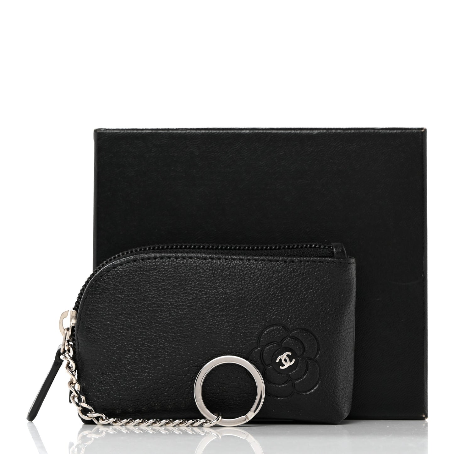 Calfskin Quilted CC Camellia Zip Around Coin Purse Black