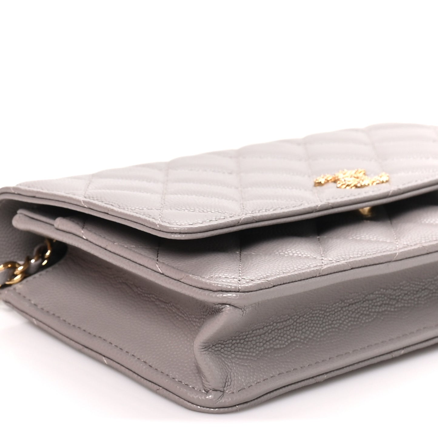 Grained Calfskin Quilted Strass CC Wallet On Chain WOC Dark Grey