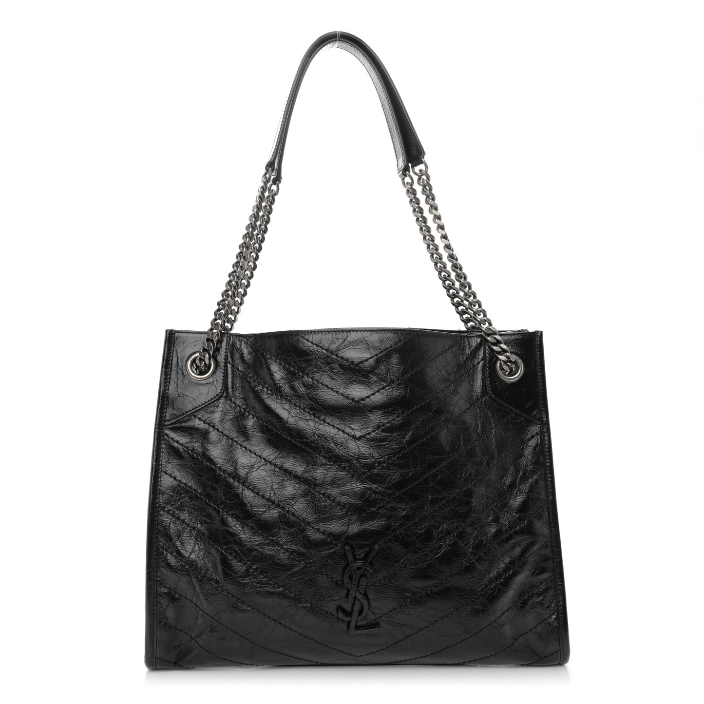 Crinkled Calfskin Matelasse Monogram Medium Niki Shopper Tote Black