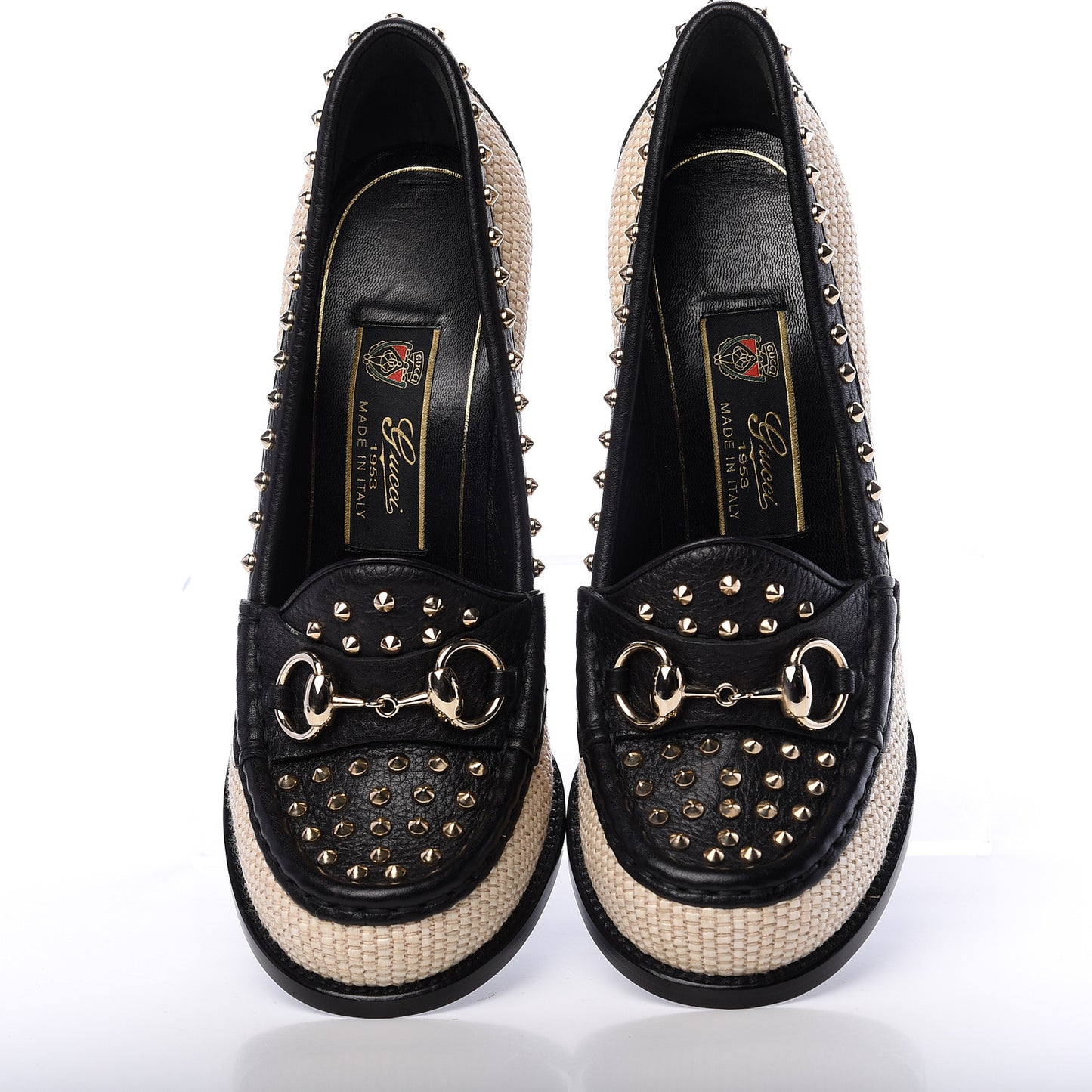 Calfskin Canvas Studded Horsebit Alyssa Pumps 38 Black Ivory