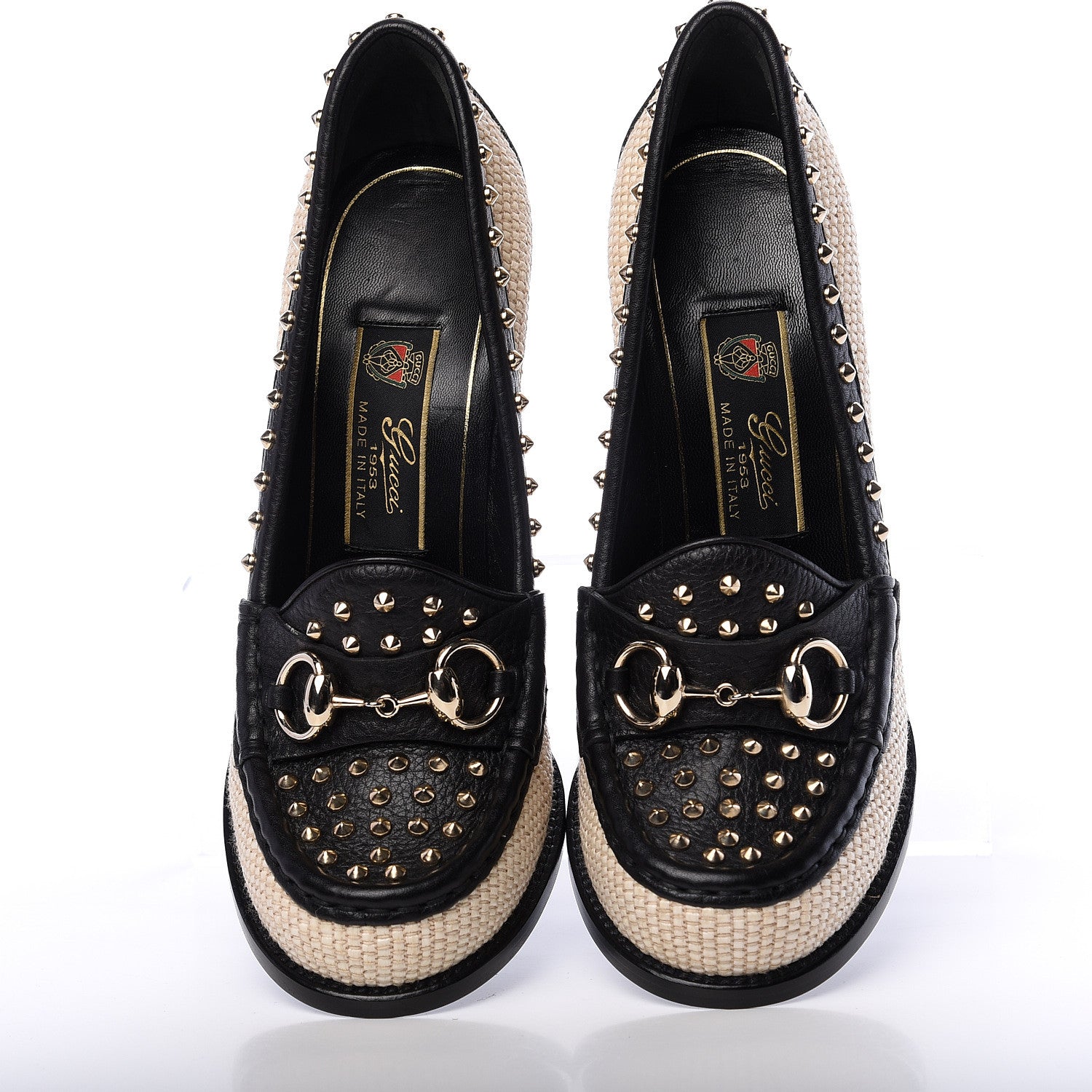 Gucci Calfskin Canvas Studded Horsebit Alyssa Pumps 38 Black Ivory 5 of 11