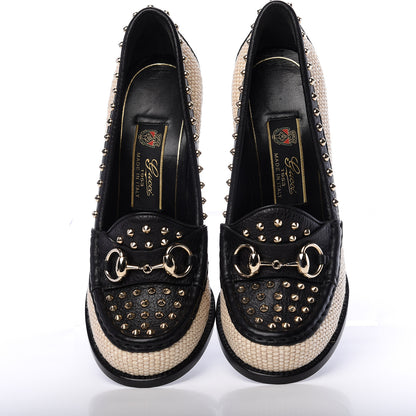 Gucci Calfskin Canvas Studded Horsebit Alyssa Pumps 38 Black Ivory 5 of 11