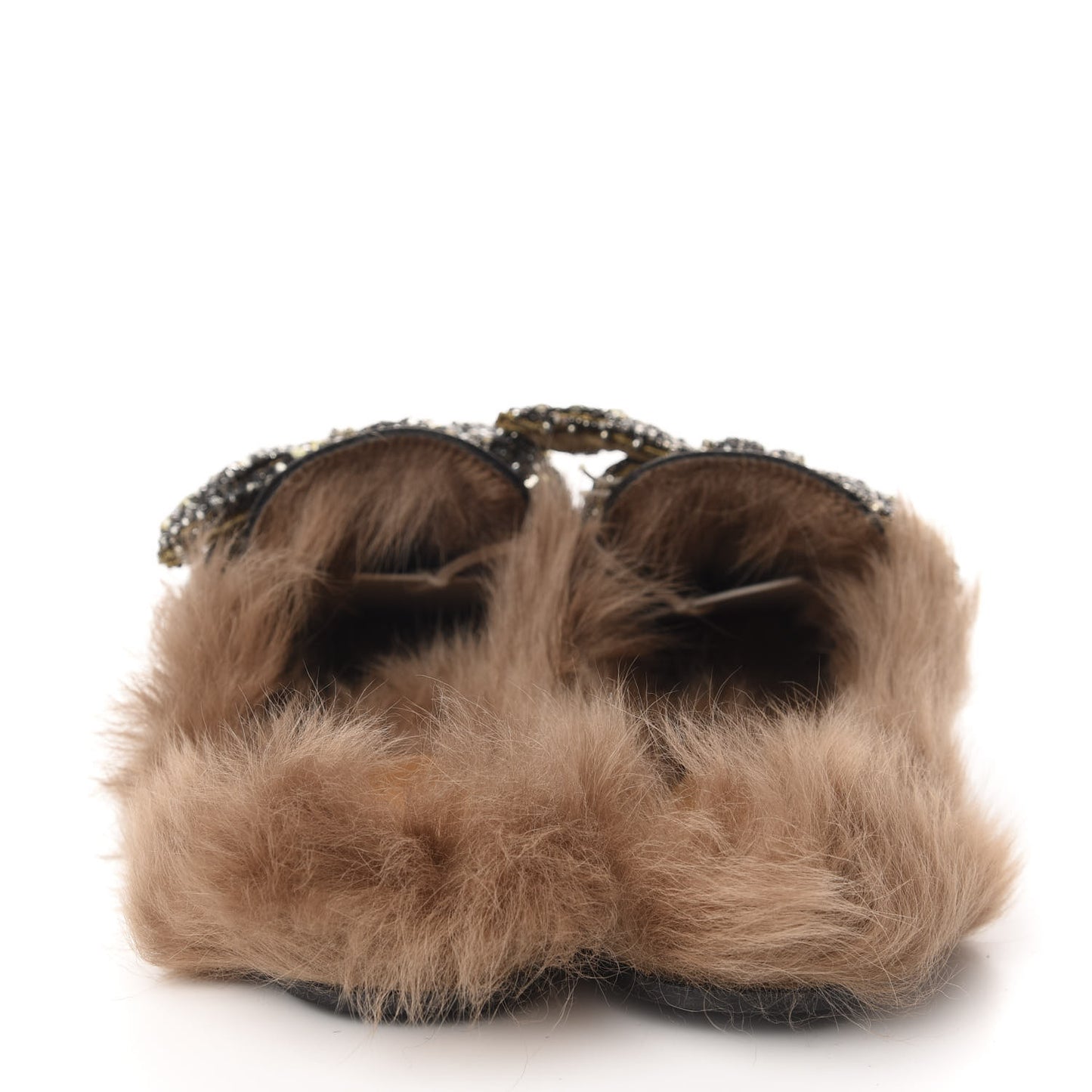 Malaga Kid Fur Crystal Bow Embroidered Womens Princetown Slippers 37.5 Black