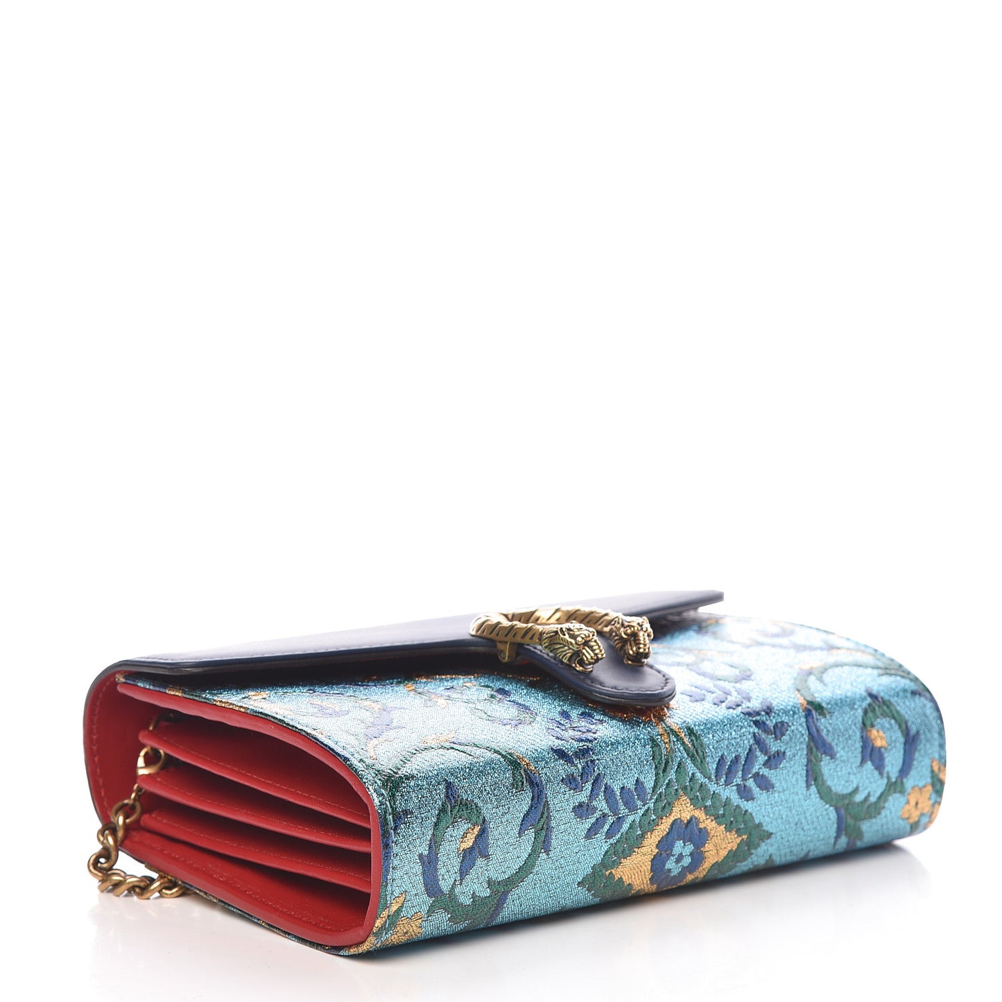 Metallic Brocade Calfskin Mini Dionysus Chain Wallet Black Blue Azure