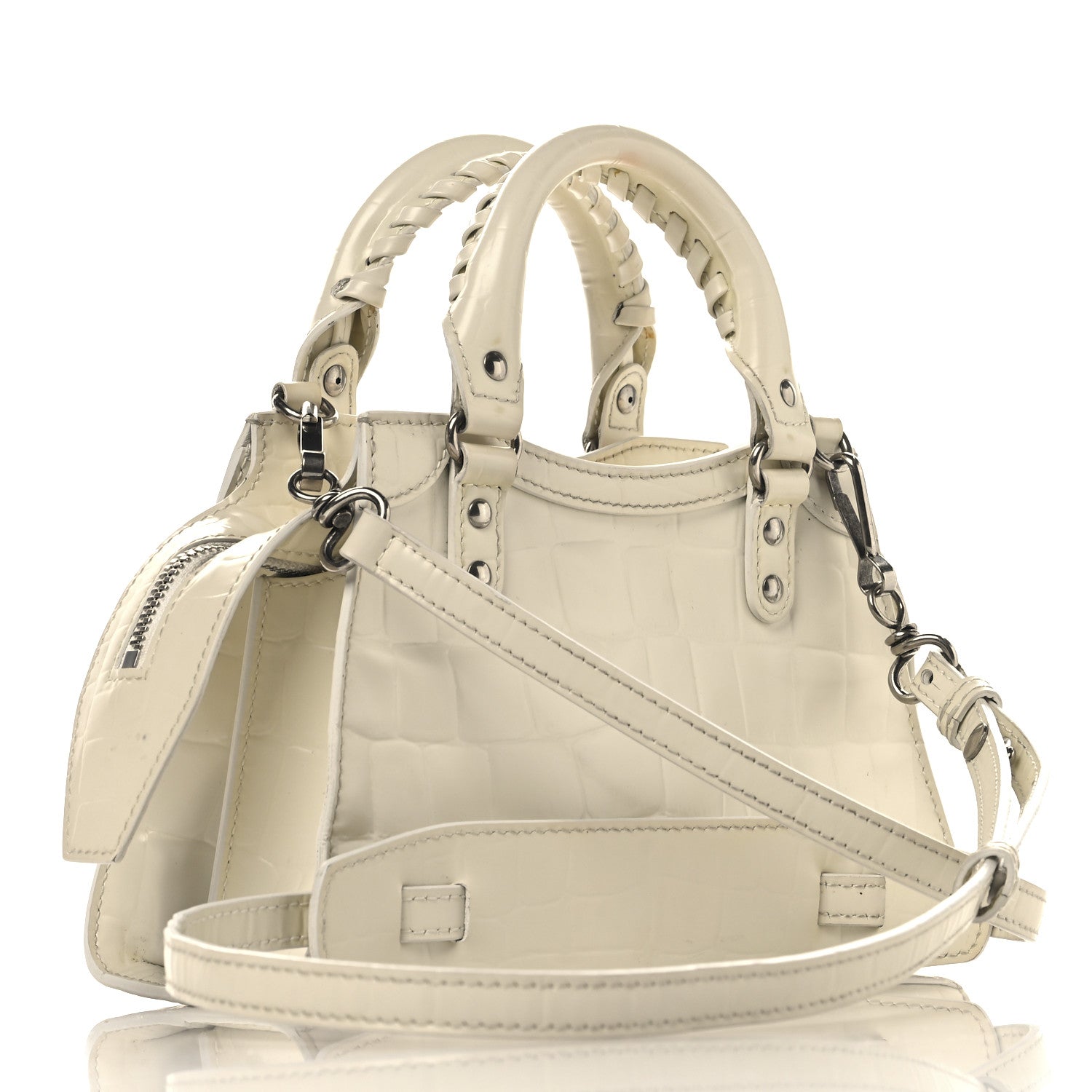 Balenciaga Semi Shiny Calfskin Crocodile Embossed Neo Classic Silver Hardware Mini City White 3 of 17