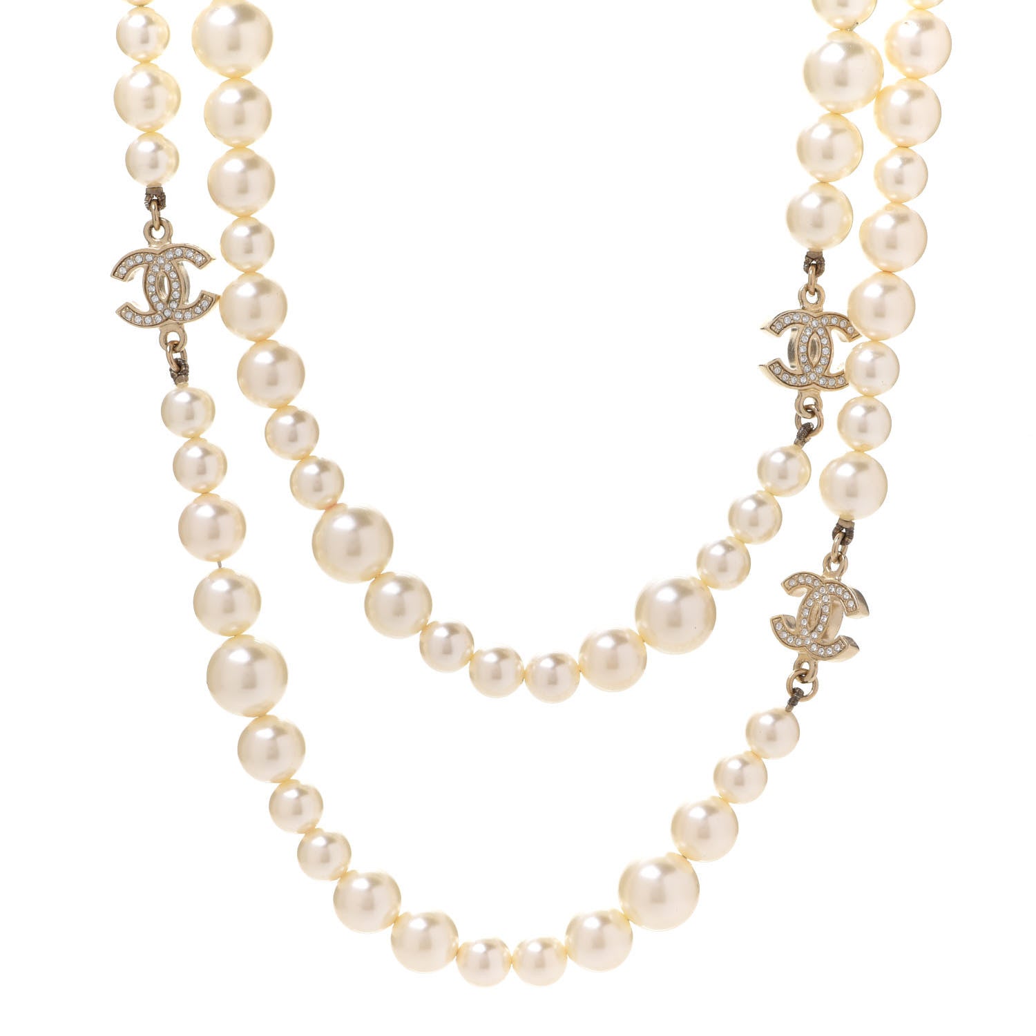 Chanel Graduated Pearl Crystal CC Long Necklace Light Gold 1 of 6