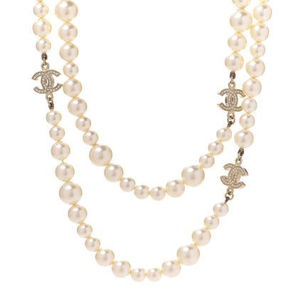 Chanel Graduated Pearl Crystal CC Long Necklace Light Gold 1 of 6