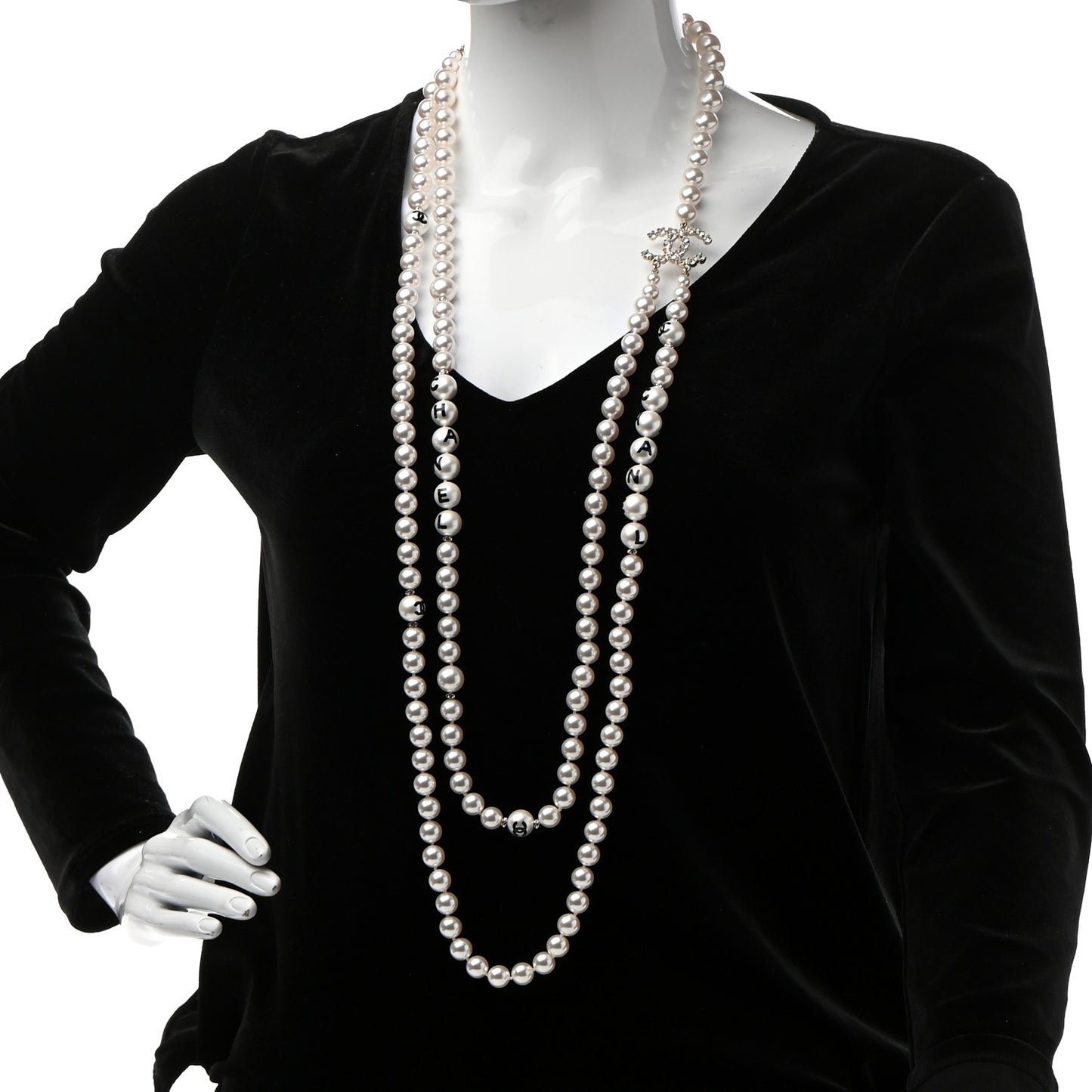 Crystal Pearl CC Long Multi Strand Necklace Gold