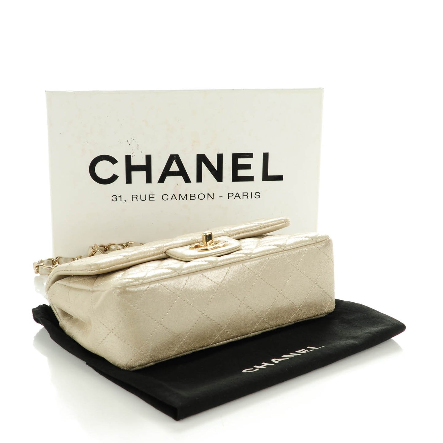 Iridescent Calfskin Quilted Mini Rectangular Flap Light Gold