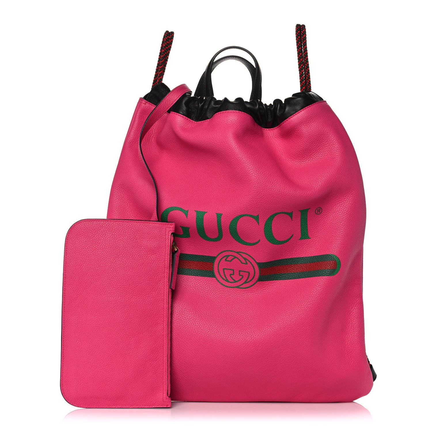 Gucci Grained Calfskin Logo Drawstring Backpack Box Pink Green Black 1 of 12