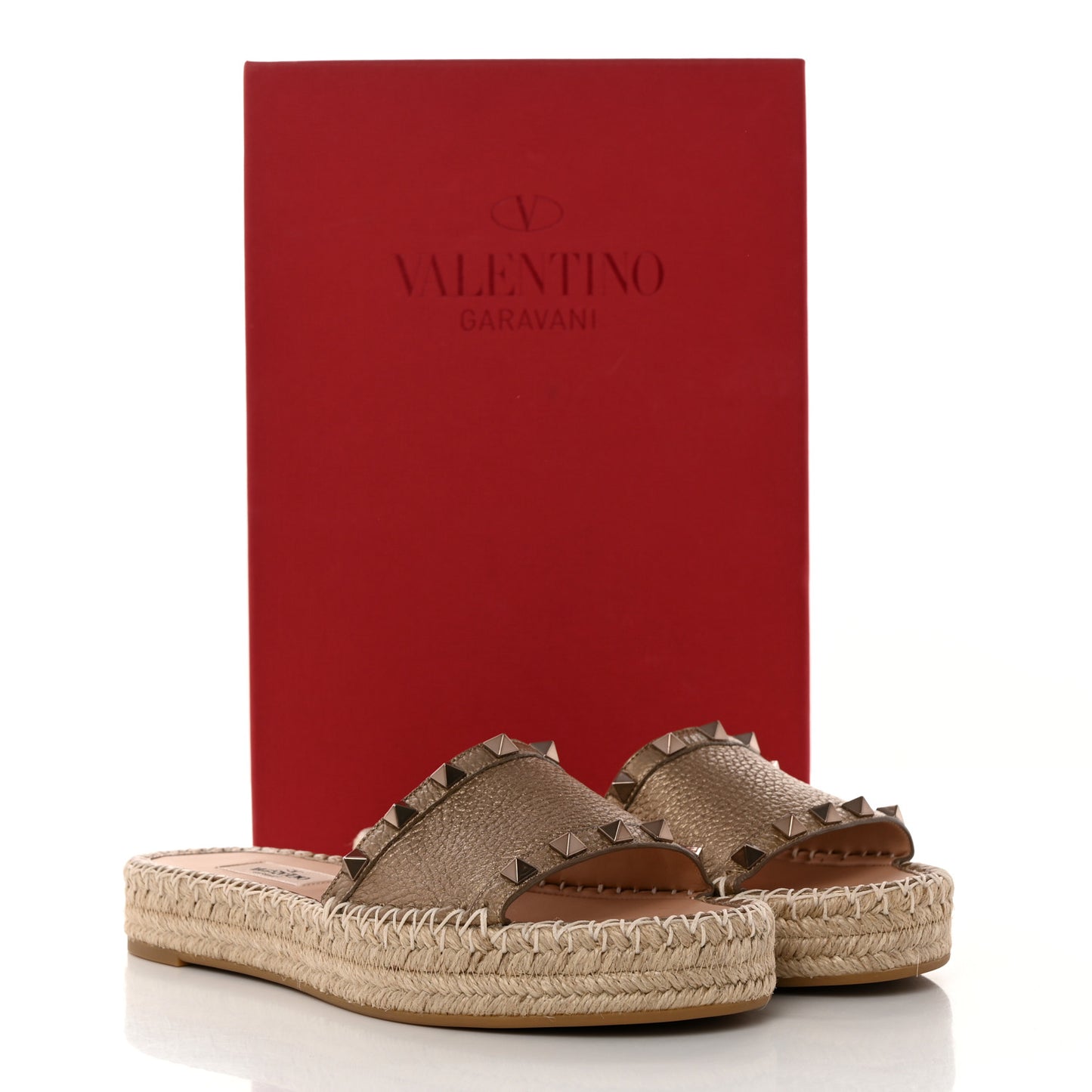 Metallic Grained Calfskin Rockstud Espadrille Flat Slide Sandals 36 Skin Natural