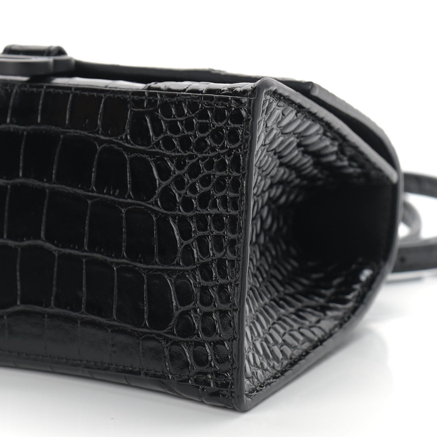 Shiny Calfskin Monochrome Crocodile Embossed Small Hourglass Top Handle Bag Black