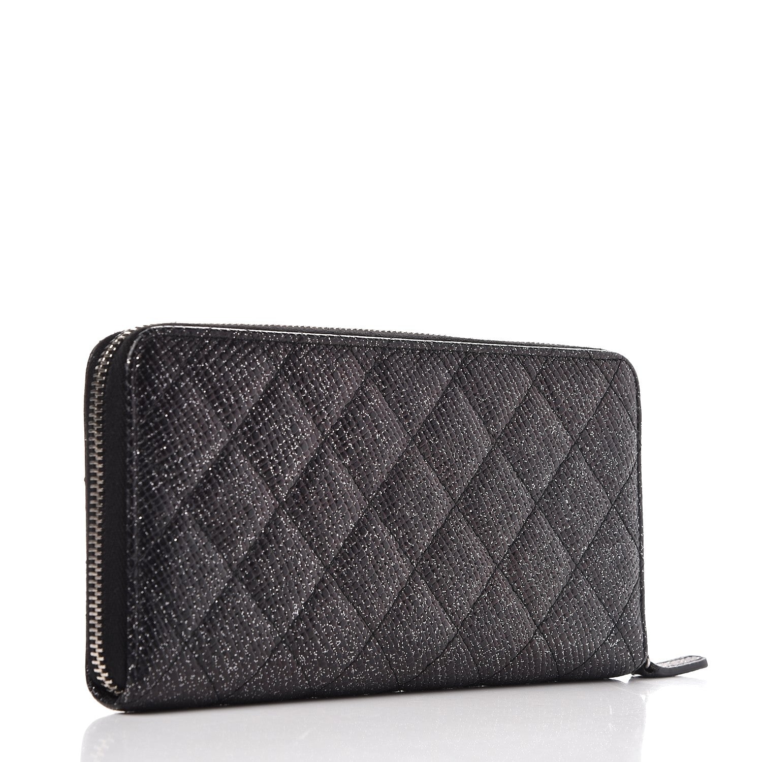 Chanel Glittered Calfskin Quilted Large Gusset Zip Wallet Black 3 of 9