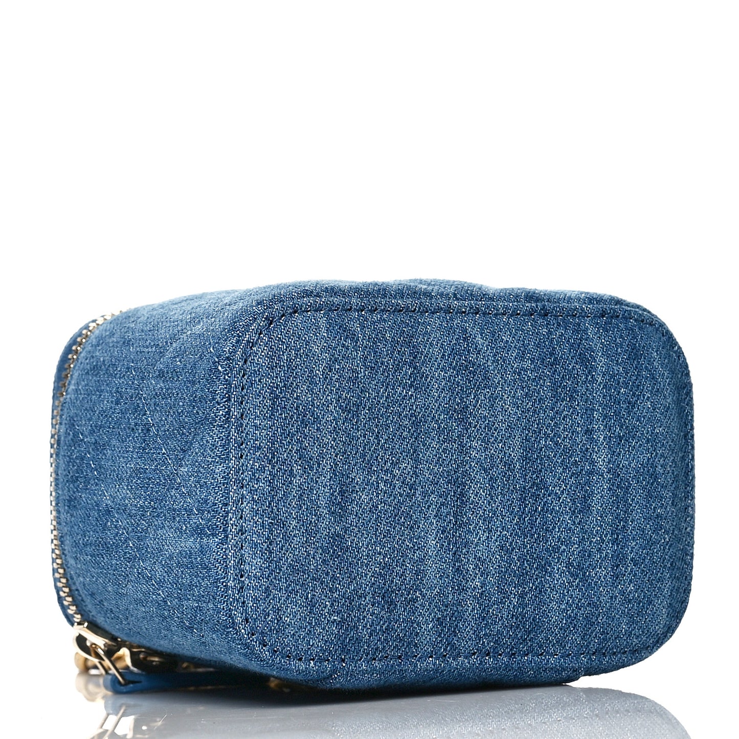 Denim Quilted Mini Pearl Crush Vanity Case With Chain