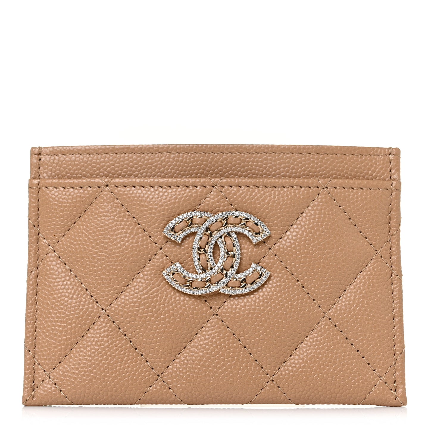 Caviar Quilted Crystal Card Holder Beige