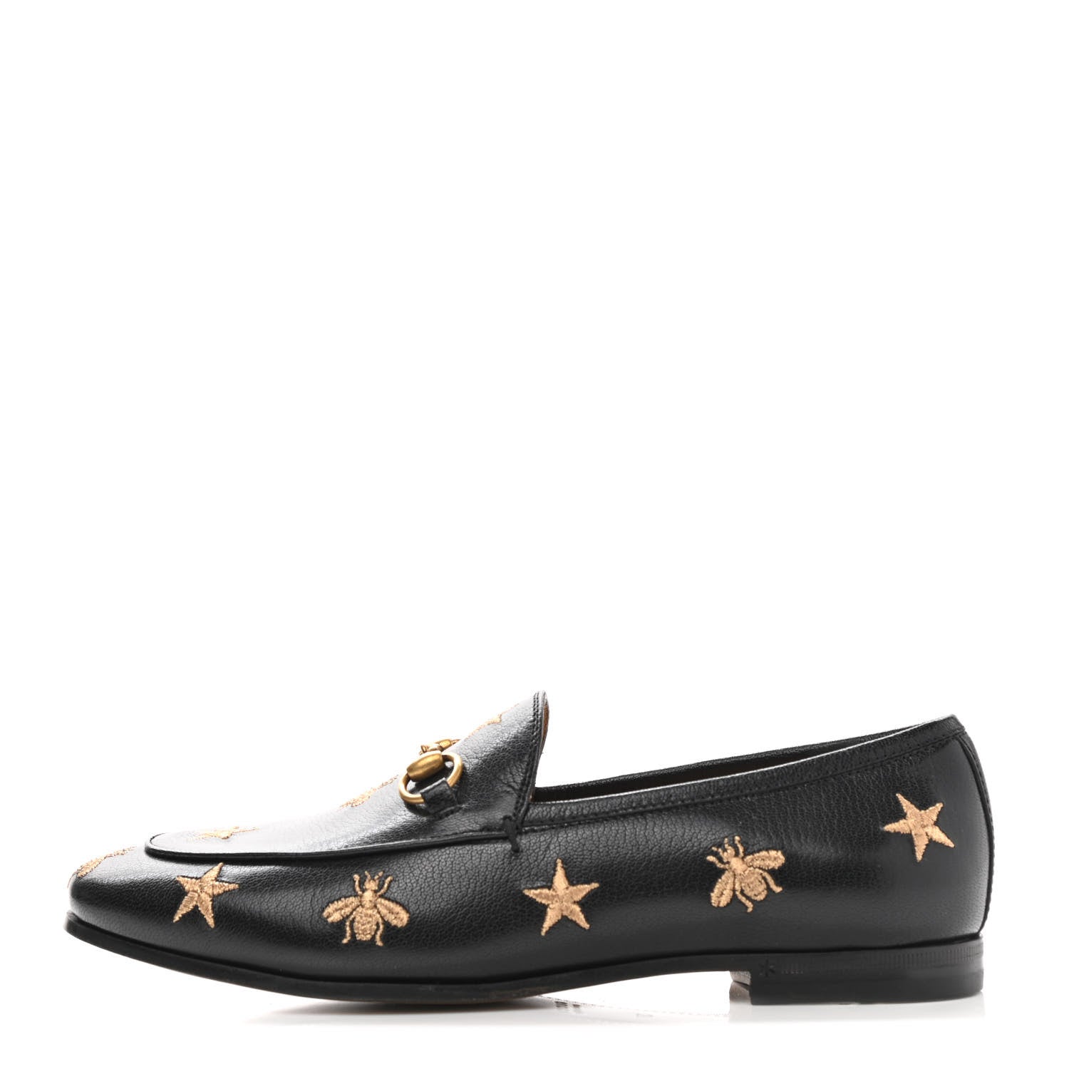 Gucci Goatskin Bee Star Embroidered Womens Jordaan Loafers 37 Black 1 of 9
