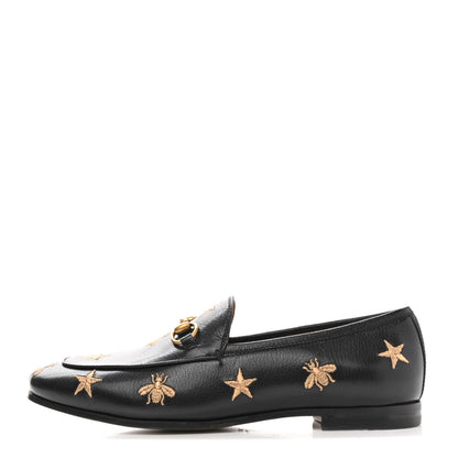 Gucci Goatskin Bee Star Embroidered Womens Jordaan Loafers 37 Black 1 of 9