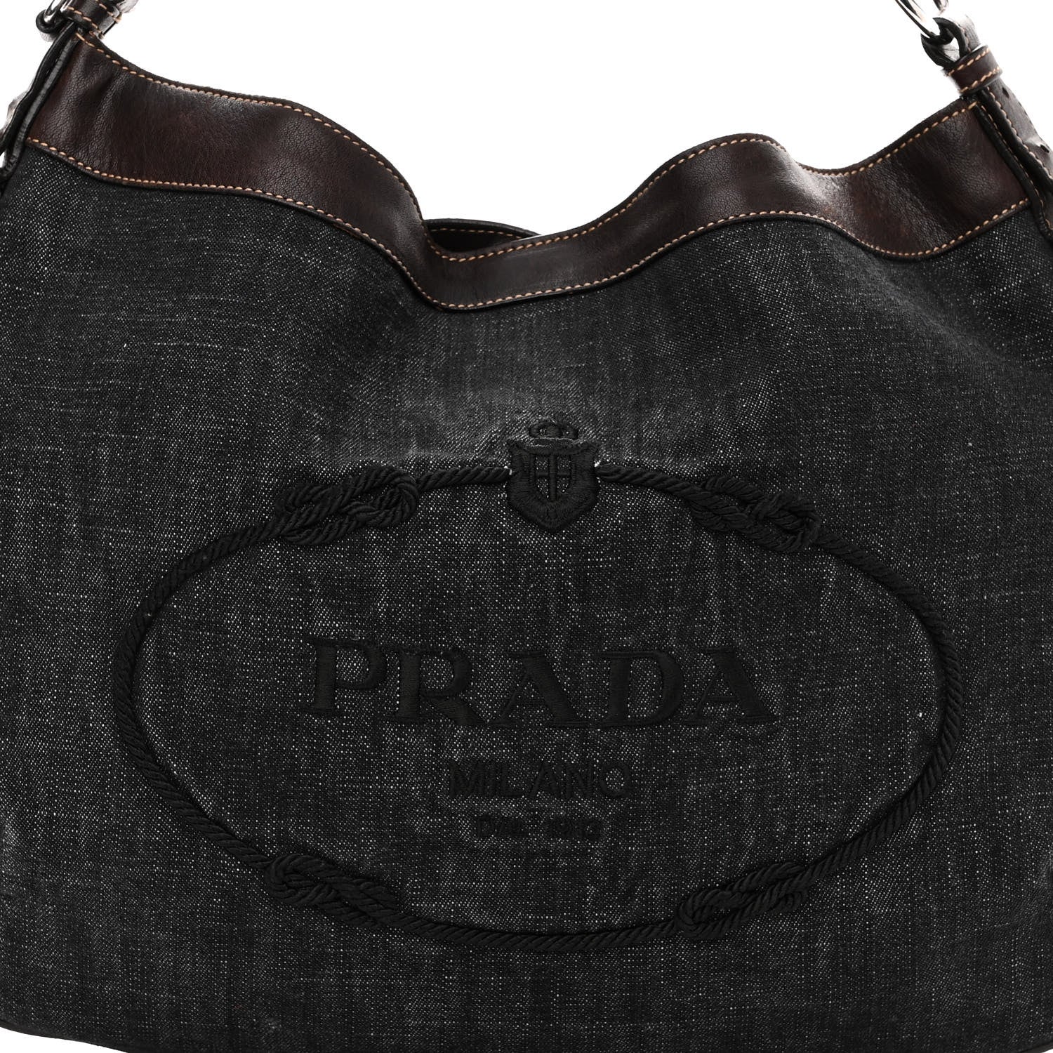 Prada Washed Denim Logo Hobo Black Caffe 7 of 11