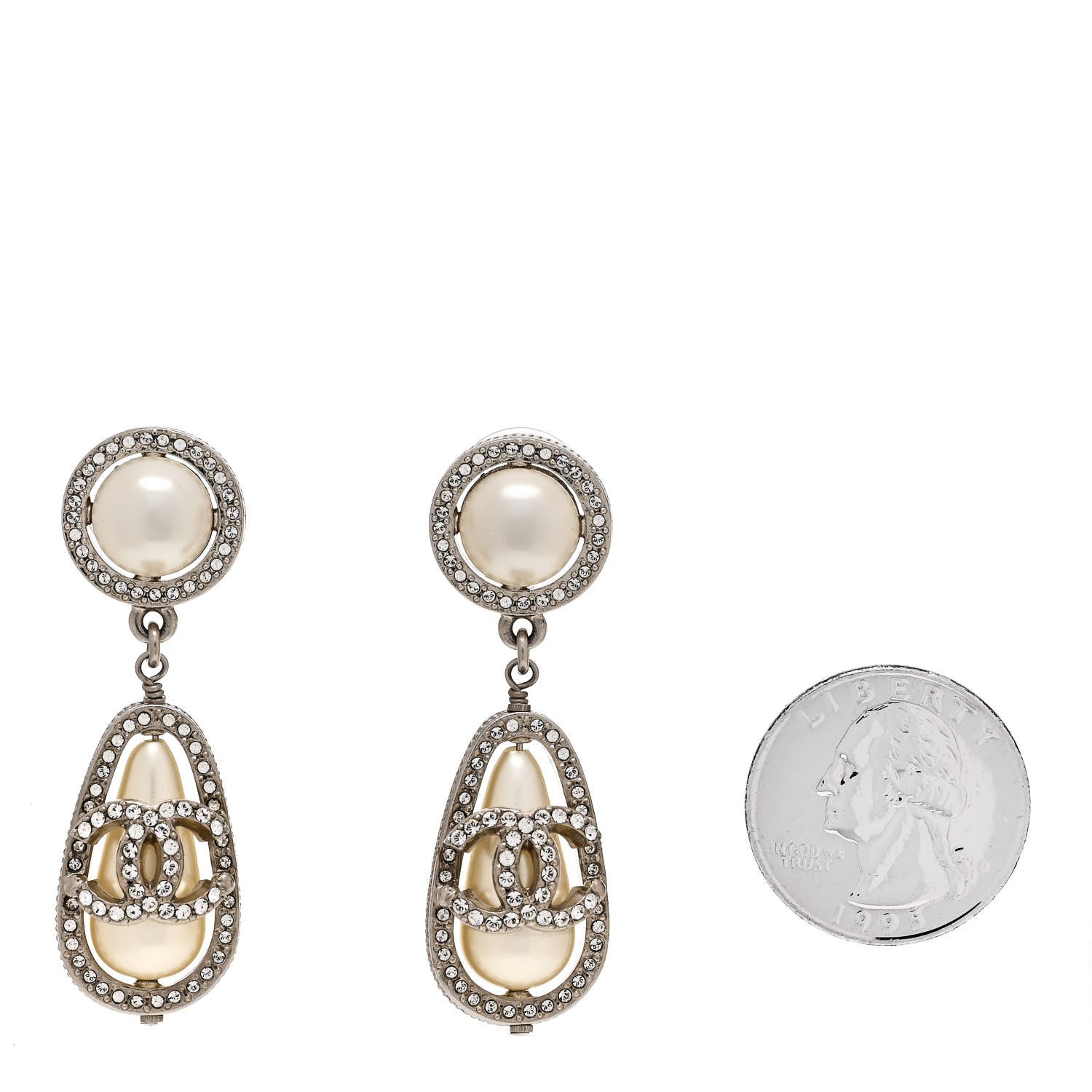 Chanel Metal Crystal Pearl CC Drop Earrings Silver 2 of 4