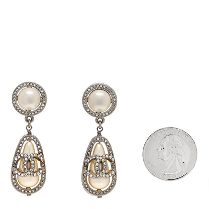 Chanel Metal Crystal Pearl CC Drop Earrings Silver 2 of 4