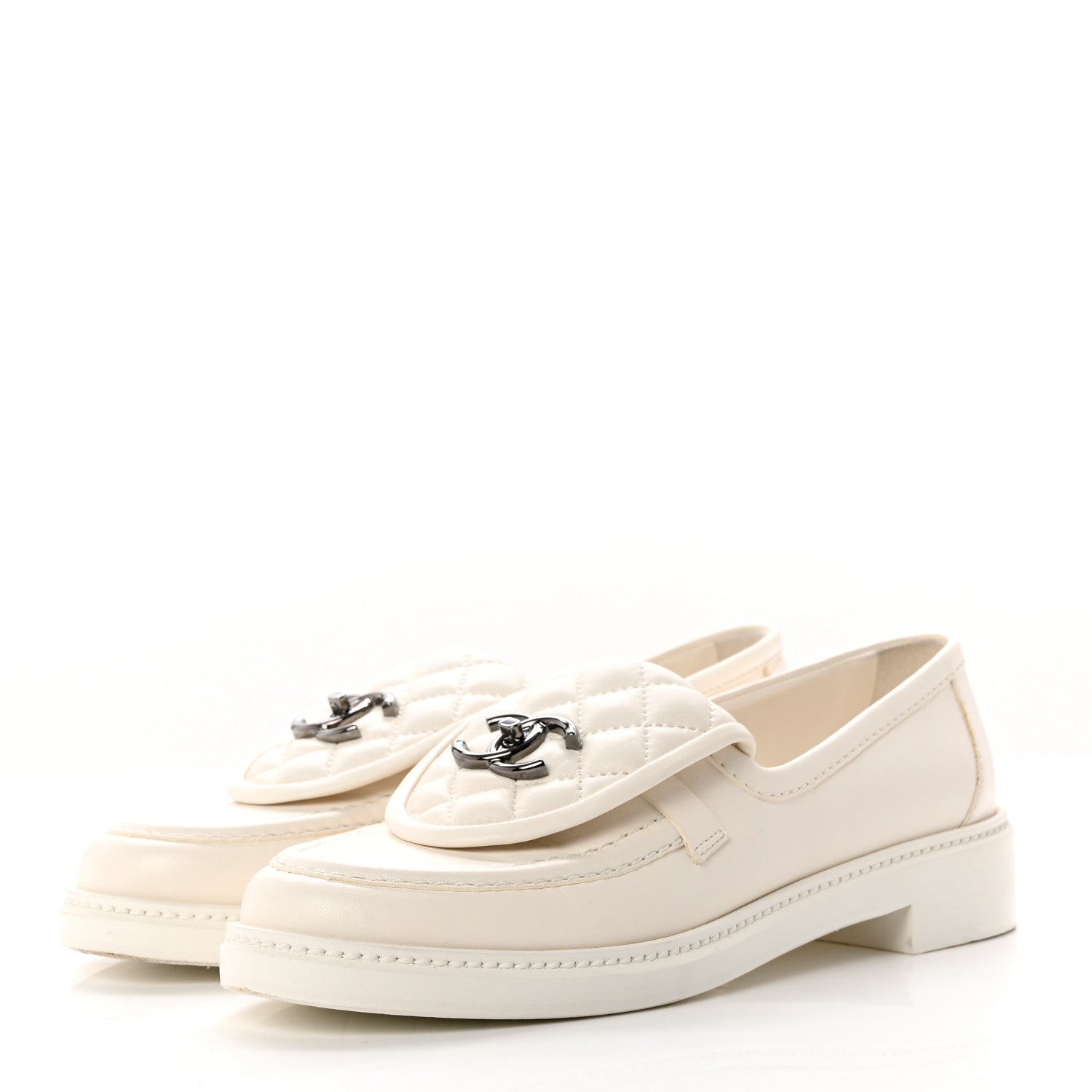 Chanel Shiny Lambskin Quilted CC Turnlock Loafers 38 White 3 of 10