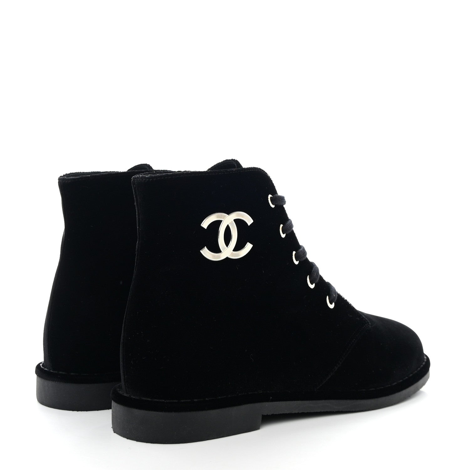 Chanel Velvet CC Lace Up Boots 40.5 Black 4 of 9