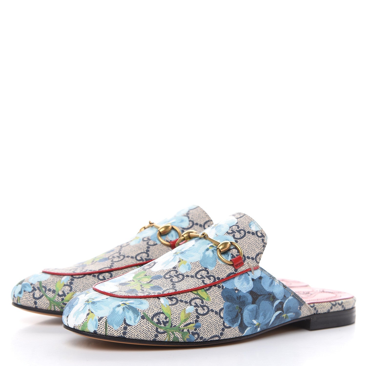 Gucci GG Supreme Monogram Blooms Womens Princetown Slippers 38 Beige Blue Navy Hibiscus Red 3 of 9