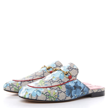 Gucci GG Supreme Monogram Blooms Womens Princetown Slippers 38 Beige Blue Navy Hibiscus Red 3 of 9