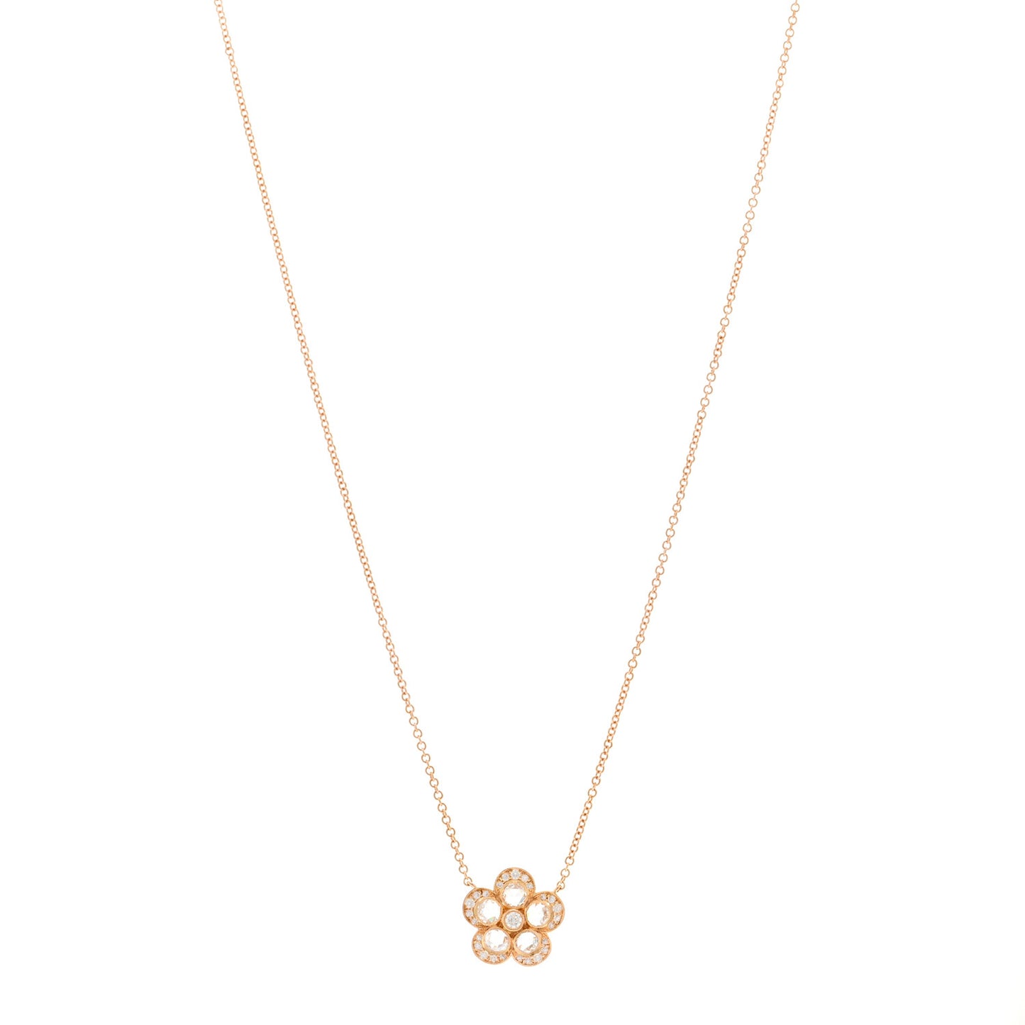18K Rose Gold Diamond Small Enchant Garden Rose Cut Flower Pendant Necklace