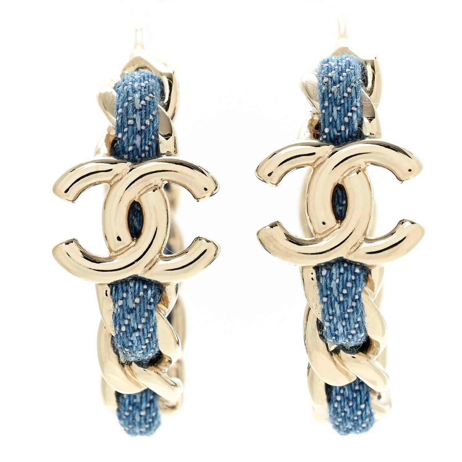Chanel Metal Denim CC Chain Hoop Earrings Gold Blue 1 of 5