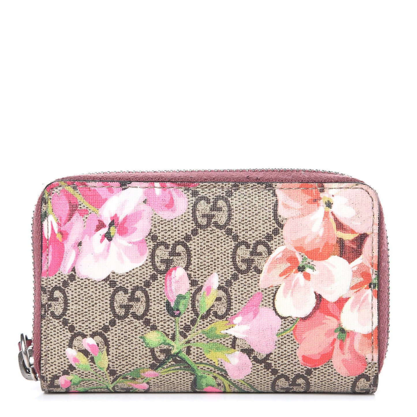 GG Supreme Monogram Blooms Zip Around Card Case Wallet Beige Multicolor Dry Rose