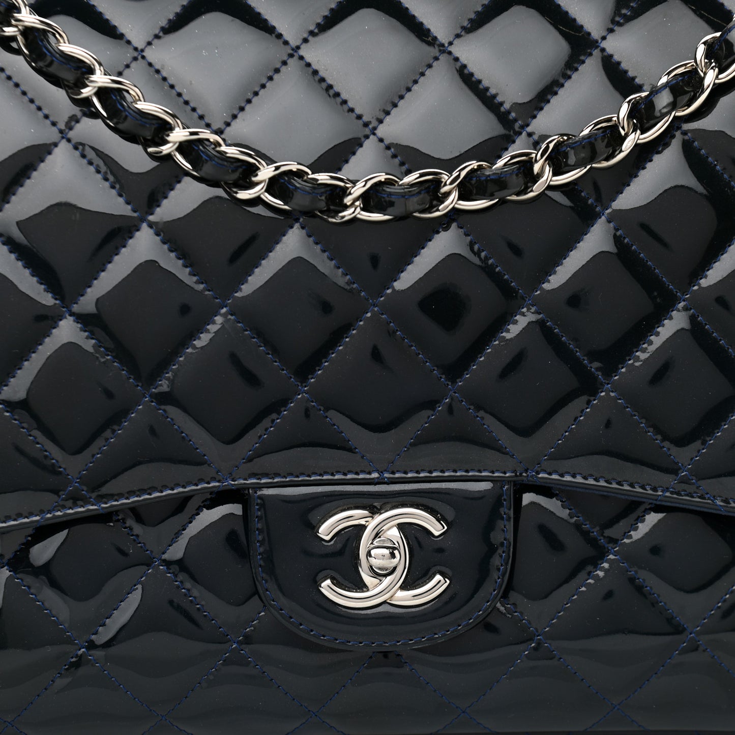 Patent Quilted Maxi Single Flap Navy Blue