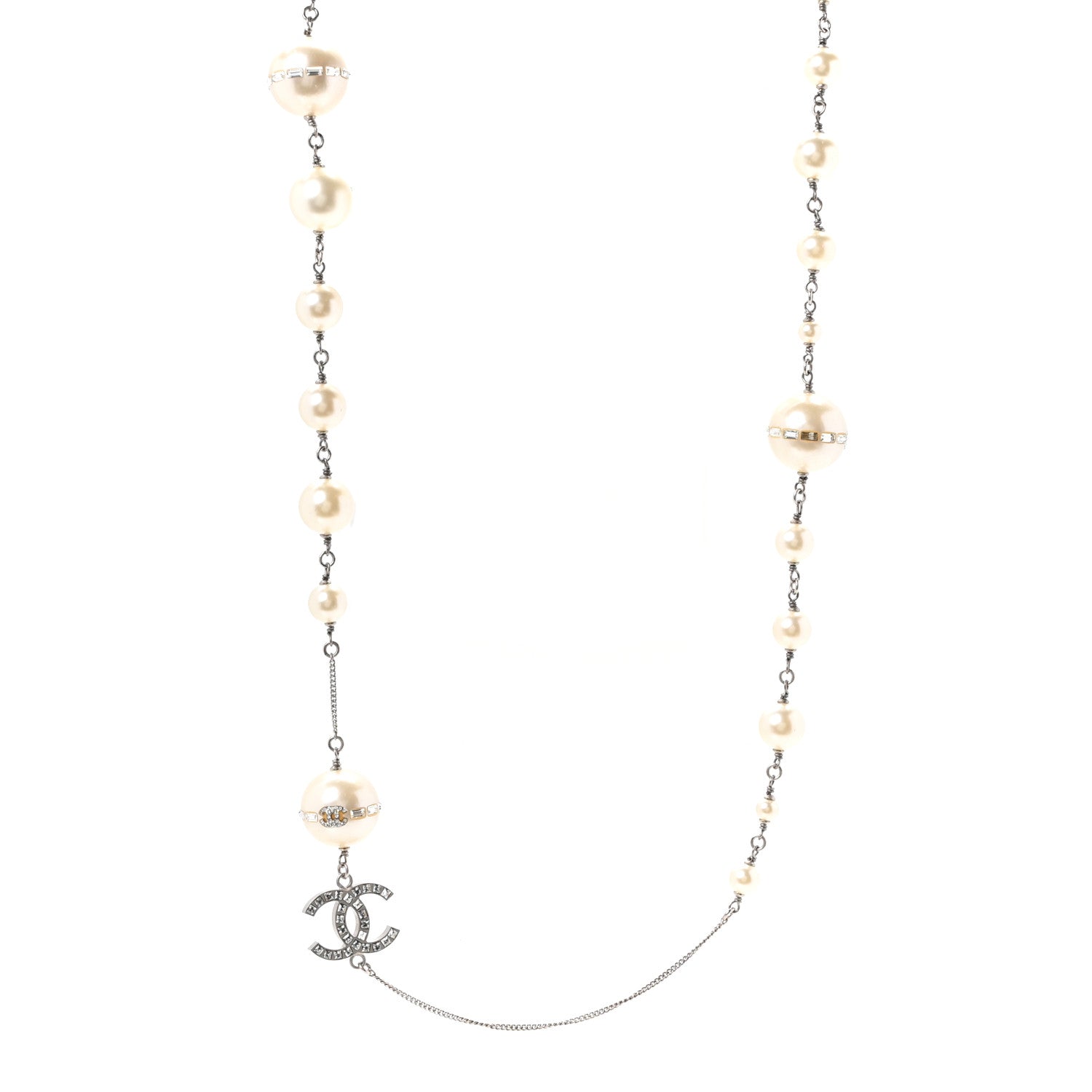 Chanel Baguette Crystal Pearl CC Long Necklace Silver 1 of 4