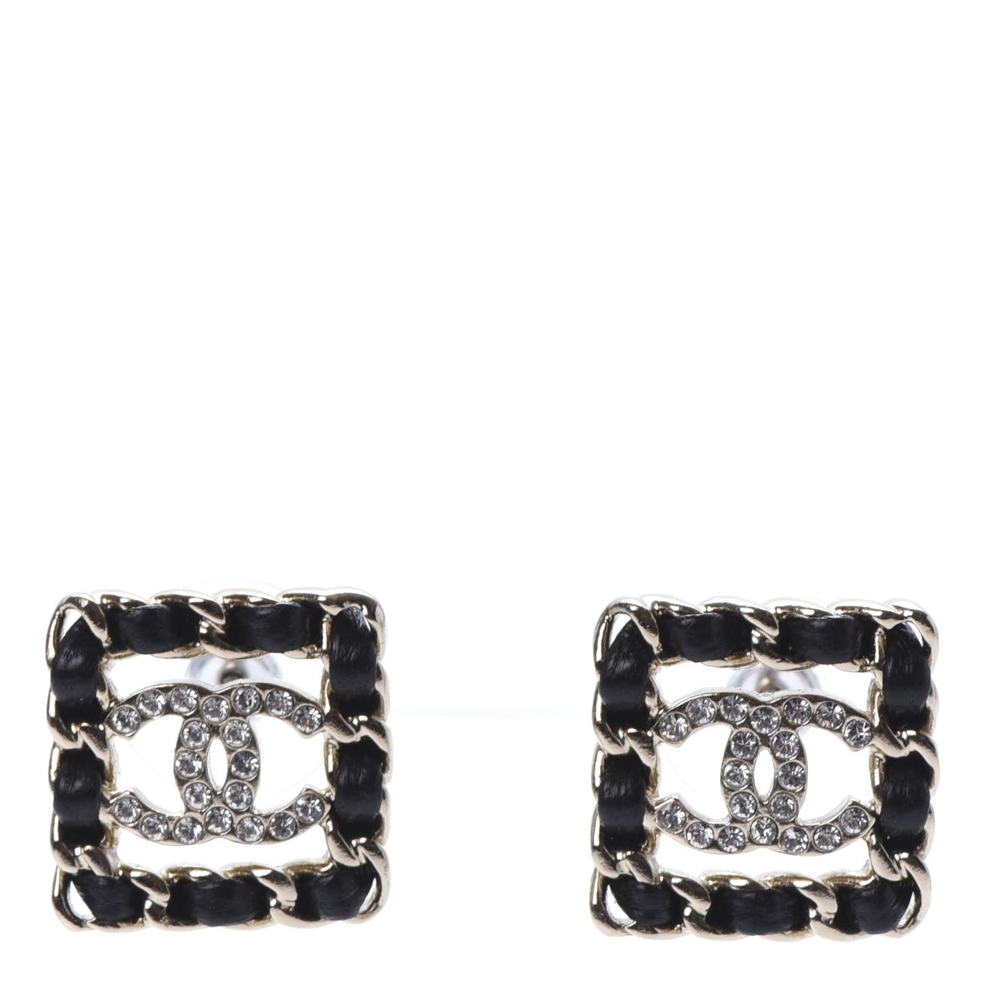 Crystal Lambskin Chain Sergeant Stud Earrings Black Gold