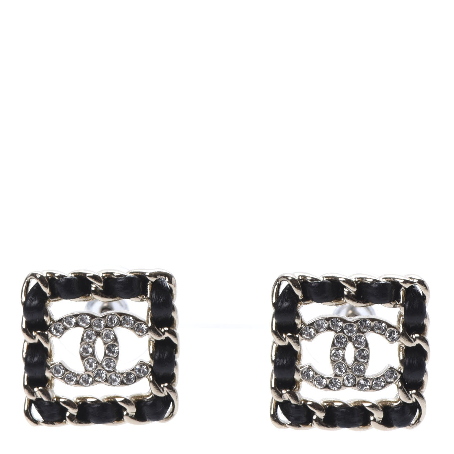 Chanel Crystal Lambskin Chain Sergeant Stud Earrings Black Gold 1 of 6