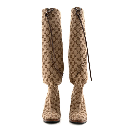 Gucci Monogram Malaga Kid Lisa Mid Heel Boots 37.5 Beige Ebony 2 of 10