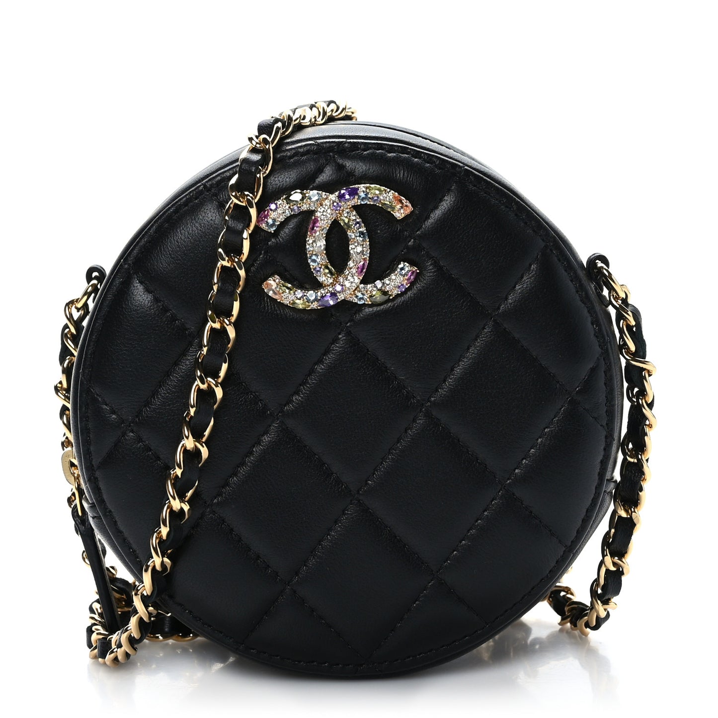 Lambskin Quilted Zirconium Round Clutch With Chain Black